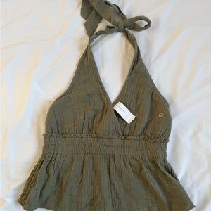 NWT American Eagle Olive Green Smocked Halter Top Boho Crinkle Gauze Peplum Med